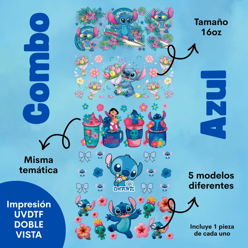 Combo Azul: cinco diseños UV DTF