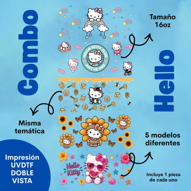 Combo Hello: cinco diseños UV DTF