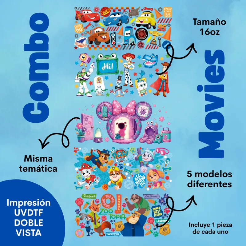 Combo Movies: cinco diseños UV DTF