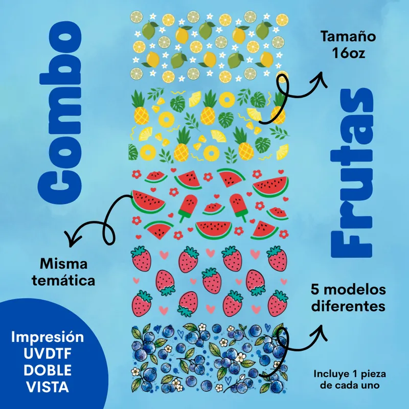 Combo Frutas: cinco diseños UV DTF