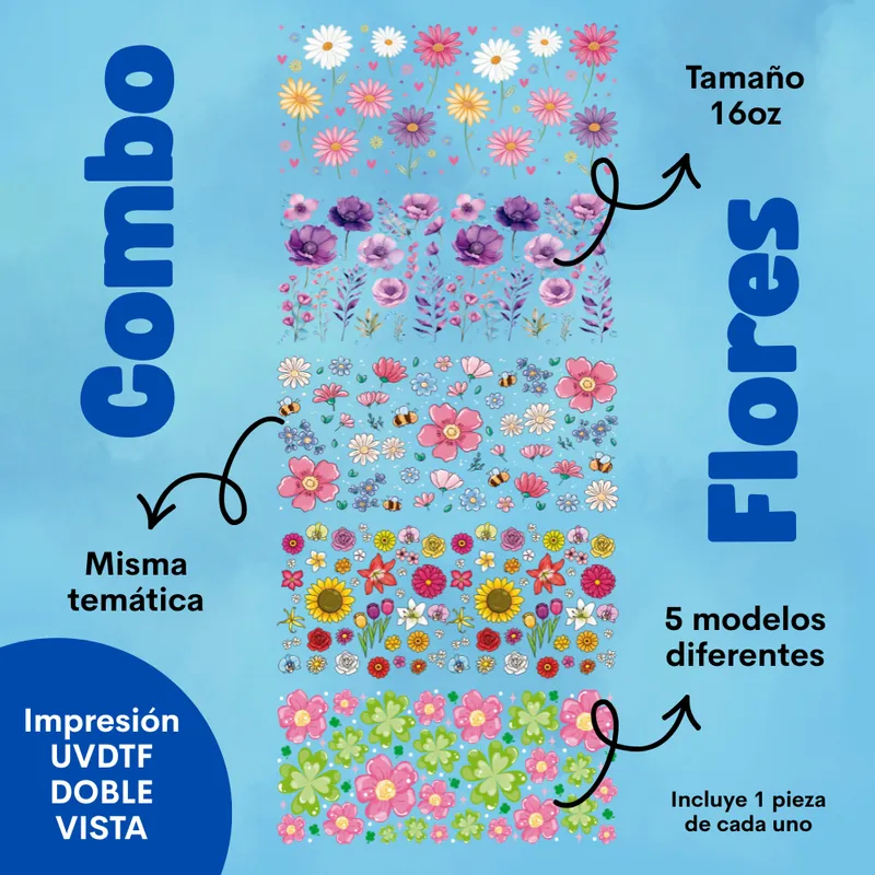 Combo Flores: cinco diseños UV DTF