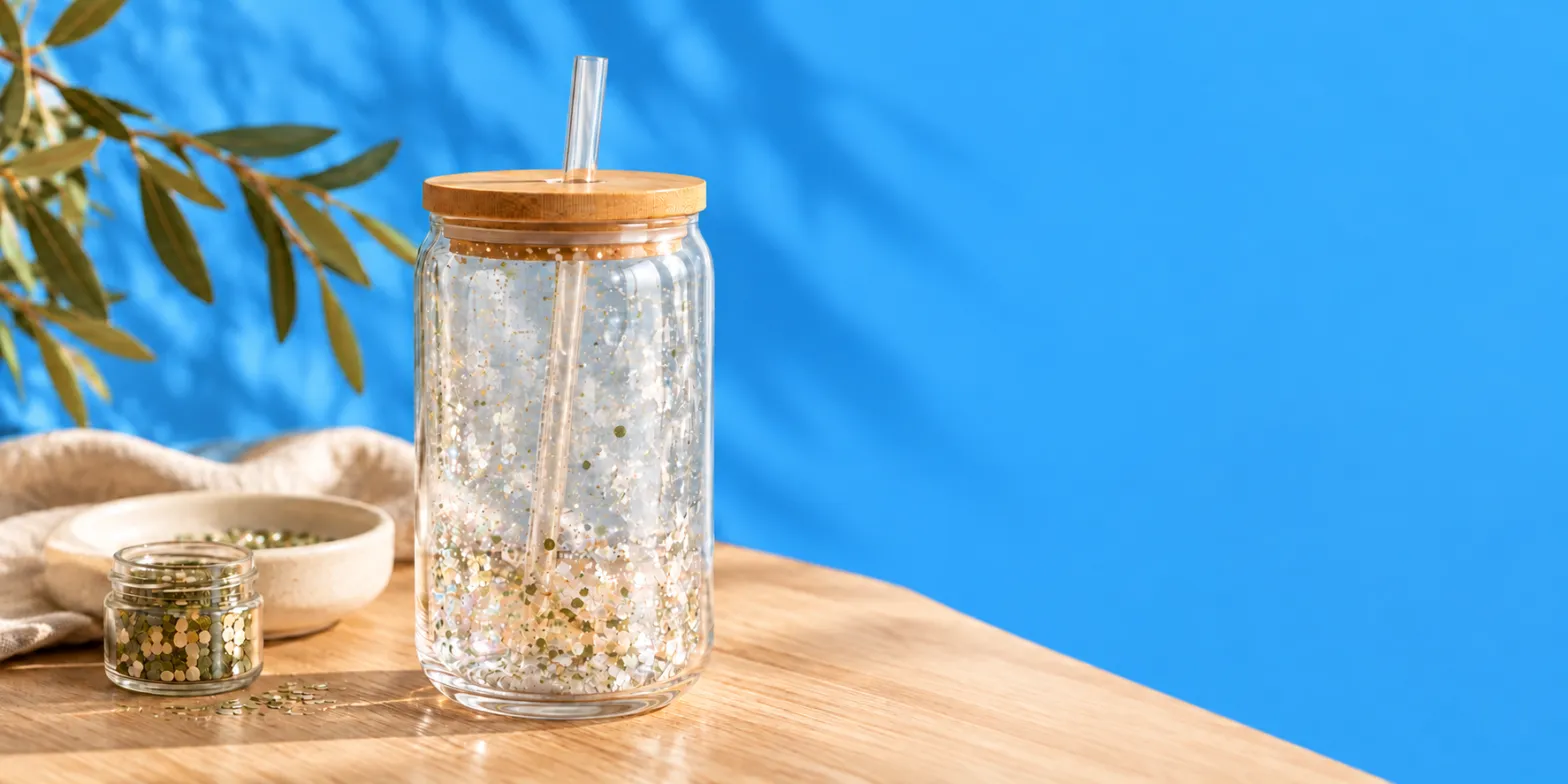 Vaso de brillantina con tapa de bambú sobre una mesa de madera, frente a una pared azul
