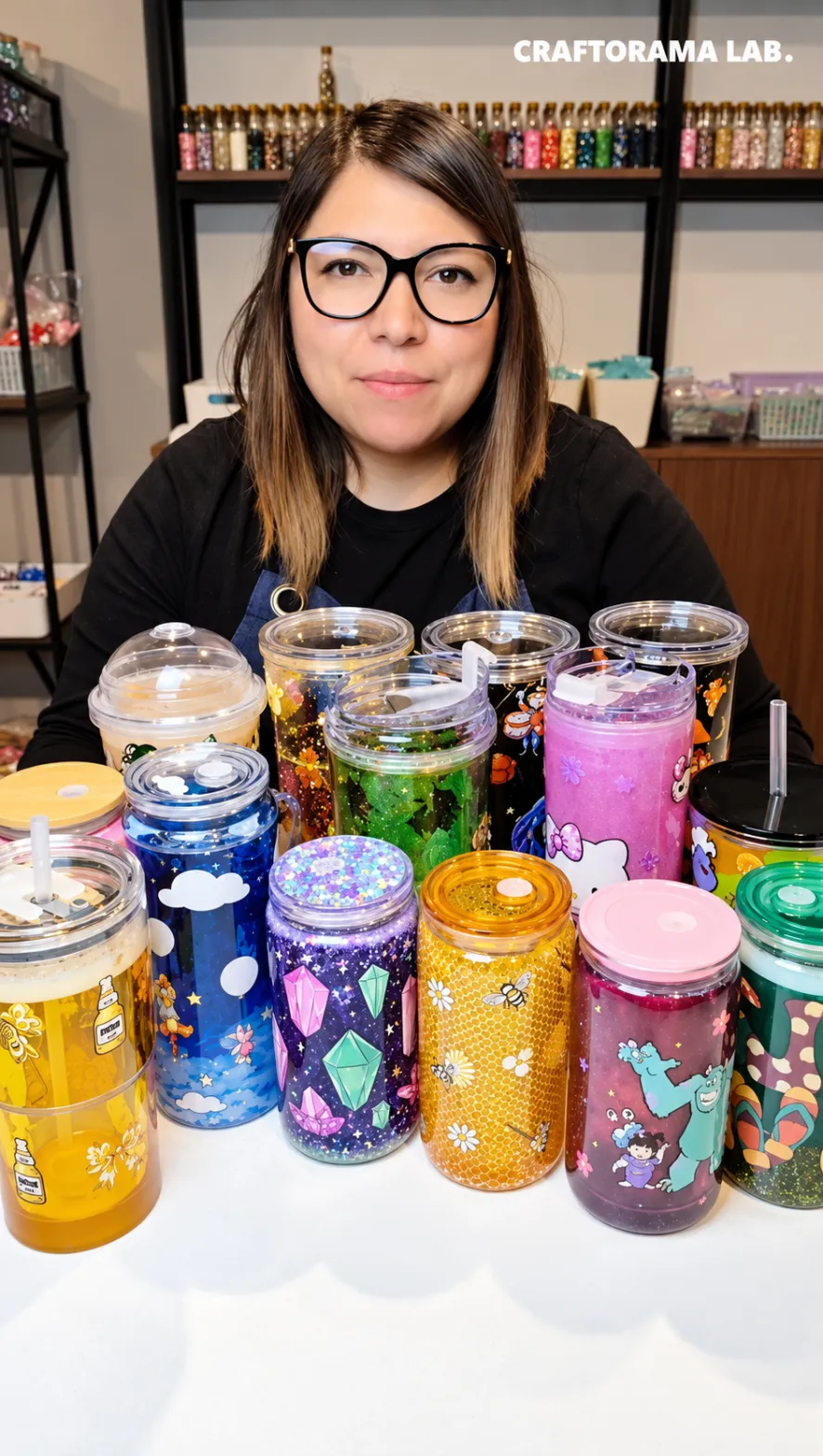 Instructora de Craftorama Lab con vasos Snowglobe de varias técnicas